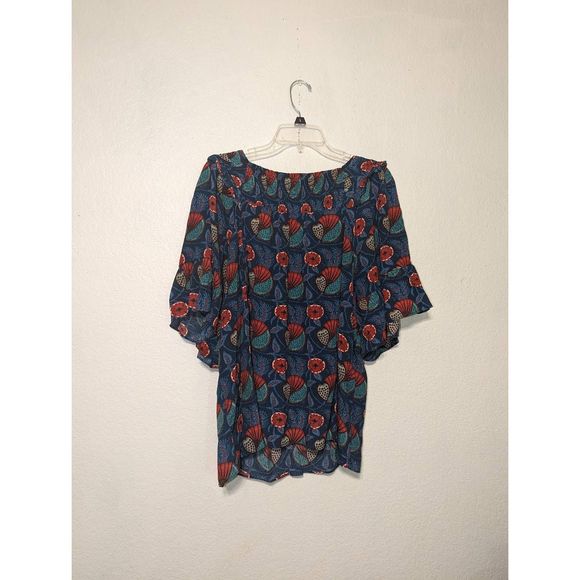 Women's Anthropologie Maeve XL Letitia Smocked Blouse Teal Poppy Babydoll Shirt - Picture 11 of 11